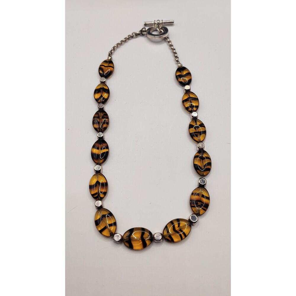 Lauren Ralph Lauren Glass Bead Necklace Tiger Print Signed Toggle Clasp 15 Inch